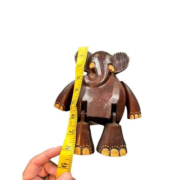 Hand-Carved Wooden Elephant Figurine With Hinged Legs & Decorative Accents - Picture 6 of 9